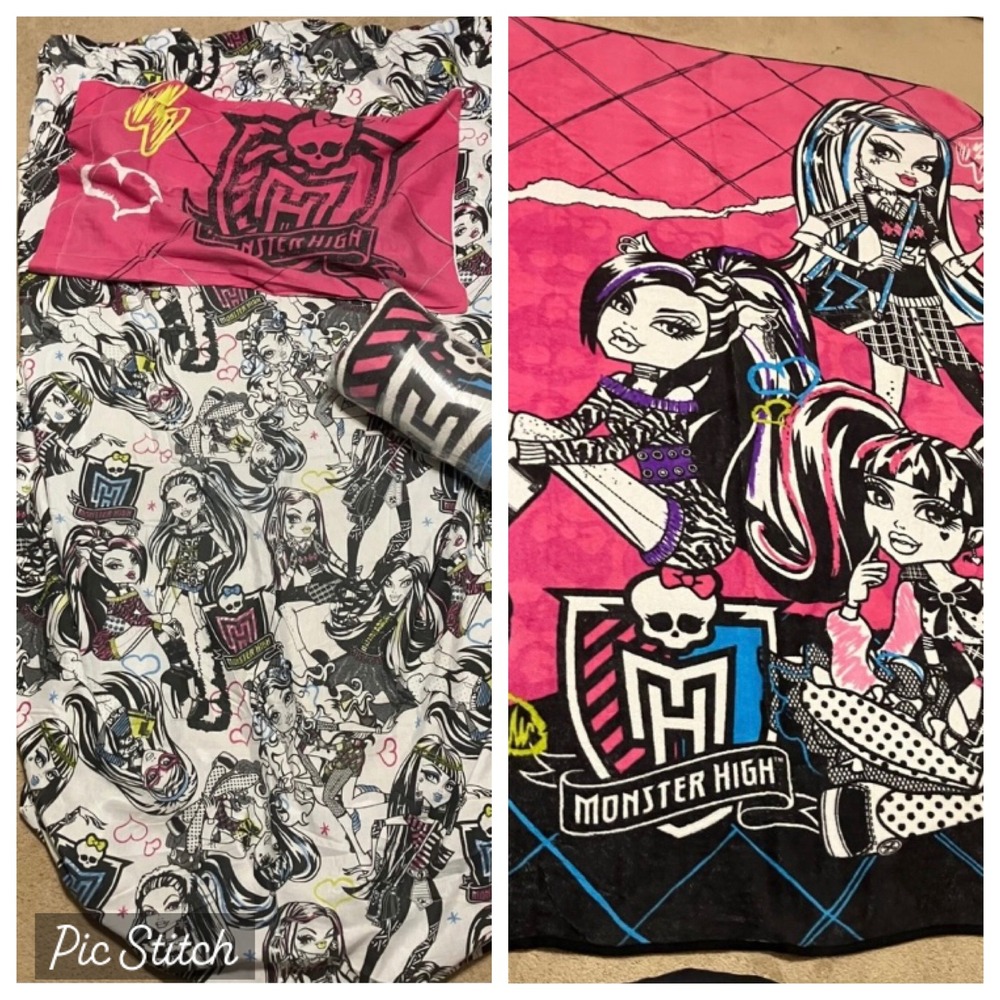 Monster High Bedding Set Plush Throw Blanket Fitted Sheet Pillowcase Mattel 2012